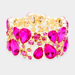 Gold Stretch Bracelet with Fuchsia Rhinestones ( 0115 2F )