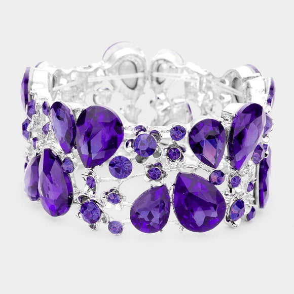 Silver Stretch Bracelet with Purple Rhinestones ( 0115 3U ) - Ohmyjewelry.com