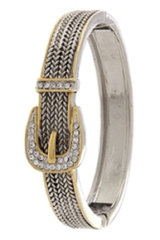 Two Tone Crystal Buckle Hinge Bangle Bracelet ( 7098 )