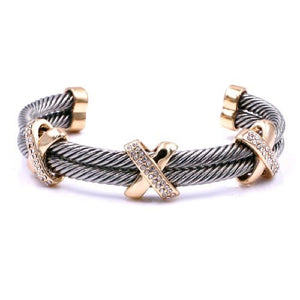 TWO TONED CUFF BANGLE WITH  DESIGN CLEAR STONES ( 7088 )