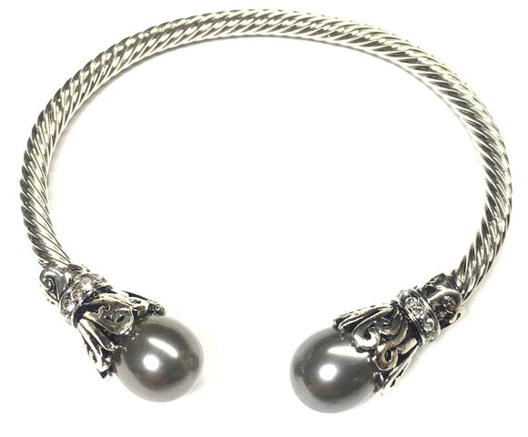 SILVER CUFF CABLE BANGLE GRAY PEARLS ( 738 GY )