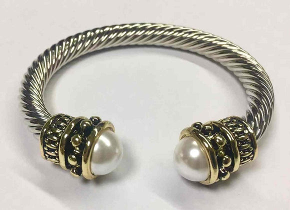 SILVER GOLD TWIST CABLE BANGLE WHITE PEARLS ( 739 WT TT )