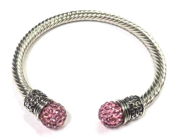 SILVER CABLE CUFF BANGLE PINK STONES ( 742 FS )