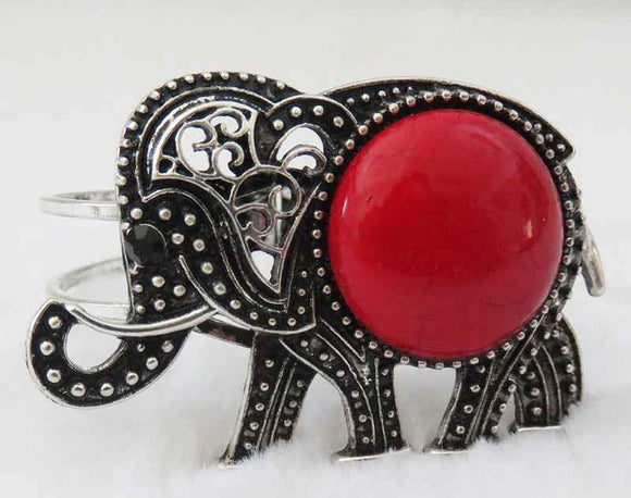 Burnish Silver and Red Elephant Stone Hinged Bangle ( 3396 ) - Ohmyjewelry.com