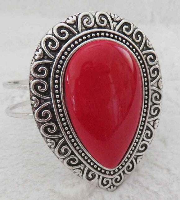 Burnish Silver and Red Teardrop Stone Hinge Bangle ( 3400 ) - Ohmyjewelry.com