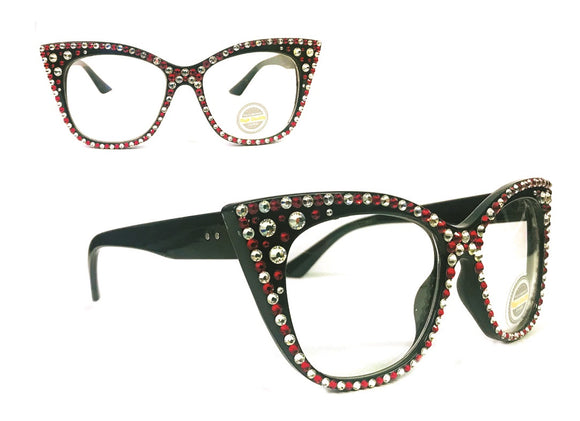 BLACK GLASSES WITH CLEAR RED SWAROVSKI STONES UV 400 ( 1071RDCL )