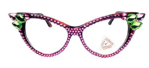 Black Frame with Pink and Green Swarovski Stones Fashion Sunglasses UV 400 ( 800 PKGR ) - Ohmyjewelry.com