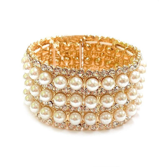 Gold with Cream Pearl Stretch Formal Bracelet ( 114 GCR ) - Ohmyjewelry.com