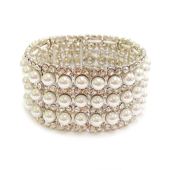 Silver with White Pearl Stretch Formal Bracelet ( 114 RWH ) - Ohmyjewelry.com