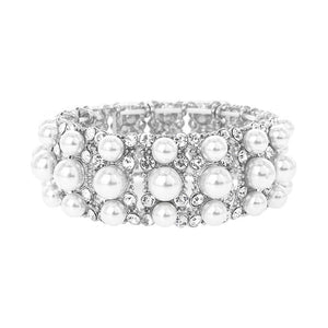 SILVER STRETCH BRACELET WITH CLEAR STONES WHITE PEARLS ( 118 )