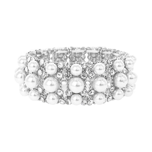 SILVER STRETCH BRACELET WITH CLEAR STONES WHITE PEARLS ( 118 )