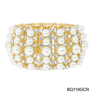 GOLD SILVER STRETCH BRACELET WITH CREAM PEARLS CLEAR STONES ( 119 GCR)