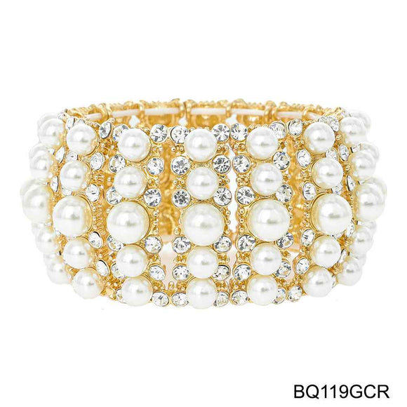 GOLD SILVER STRETCH BRACELET WITH CREAM PEARLS CLEAR STONES ( 119 GCR)