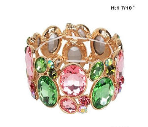 Pink and Green Stone Stretch Bracelet with Gold Accents ( 6 ) - Ohmyjewelry.com