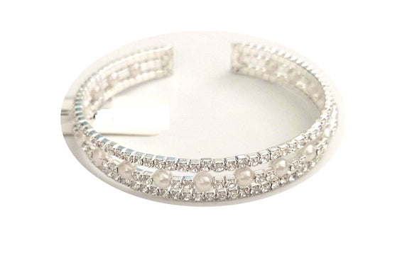 SILVER CUFF BANGLE CLEAR STONES WHITE PEARLS