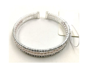 SILVER CUFF BANGLE WHITE PEARLS CLEAR STONES