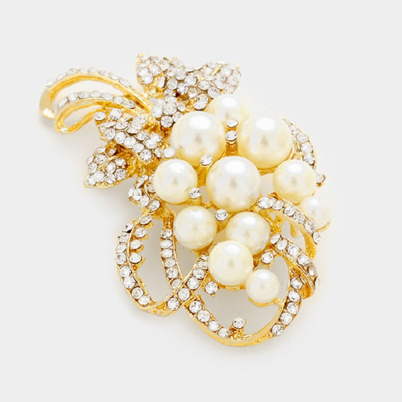 GOLD BROOCH WITH CLEAR RHINESTONES AND WHITE PEARLS ( 06104 )
