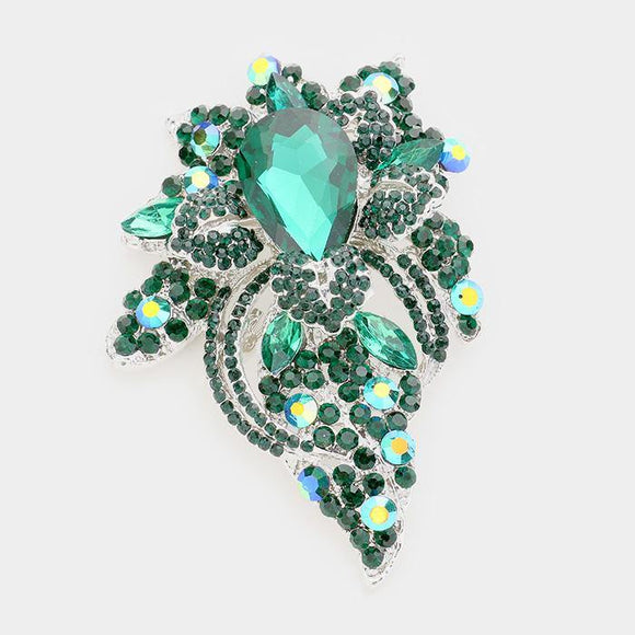 SILVER FLORAL BROOCH WITH EMERALD GREEN RHINESTONES ( 06193 EMGN ) - Ohmyjewelry.com