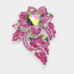 SILVER FLORAL BROOCH WITH GREEN AB RHINESTONES ( 06193 GRAB ) - Ohmyjewelry.com