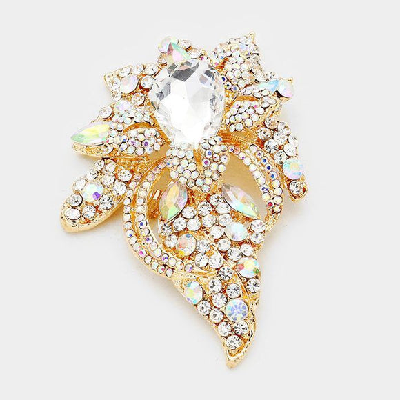 GOLD FLORAL BROOCH WITH AB RHINESTONES ( 06193 GAB ) - Ohmyjewelry.com