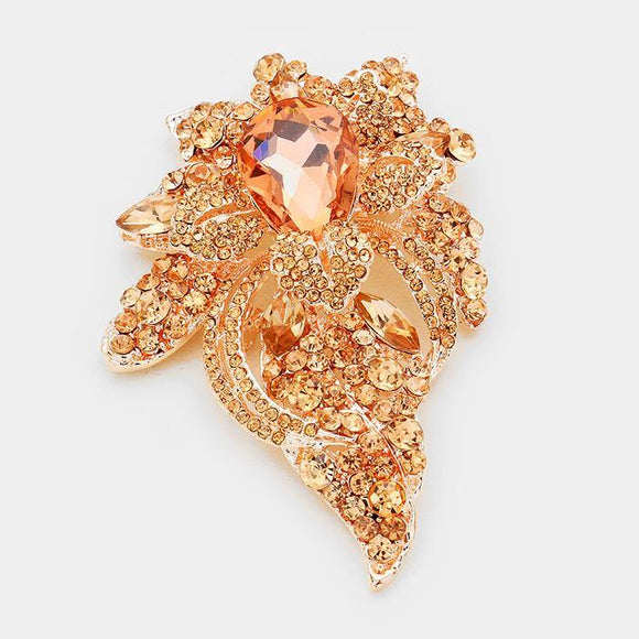 ROSE Gold Floral Brooch with PEACH Rhinestones ( 06193 RGPCH ) - Ohmyjewelry.com