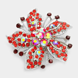 SILVER FLOWER BROOCH RED STONES ( 06398 SRD )