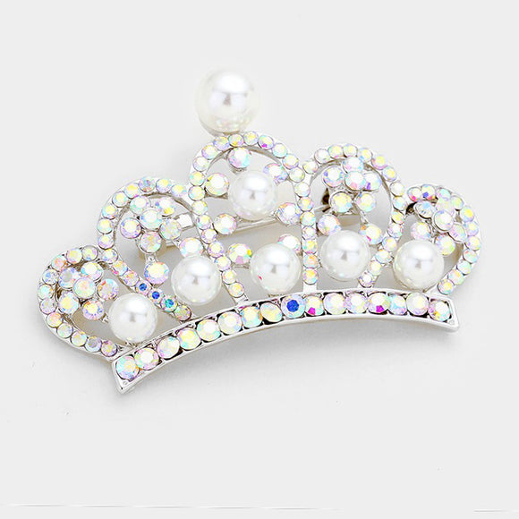 PAVE WHITE PEARL CROWN BROOCH AB STONES ( AB )