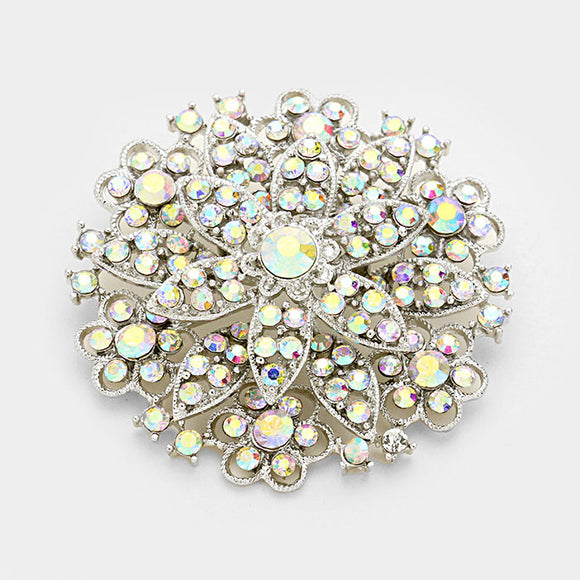 SILVER ROUND FLOWER BROOCH AB STONES ( 06564 SAB )