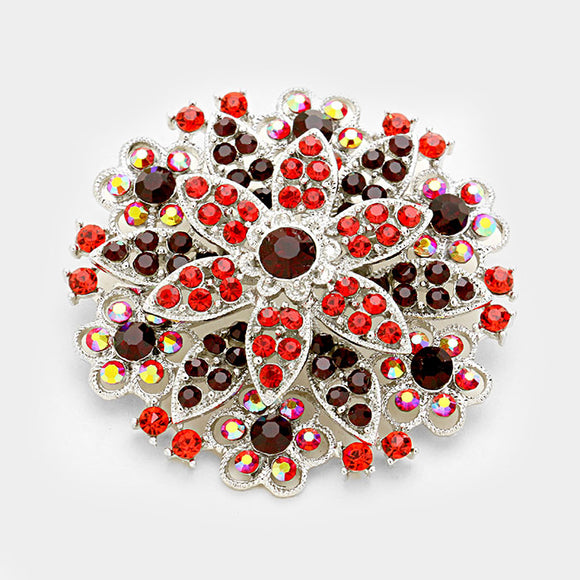 SILVER ROUND FLOWER BROOCH RED STONES ( 06564 RD )