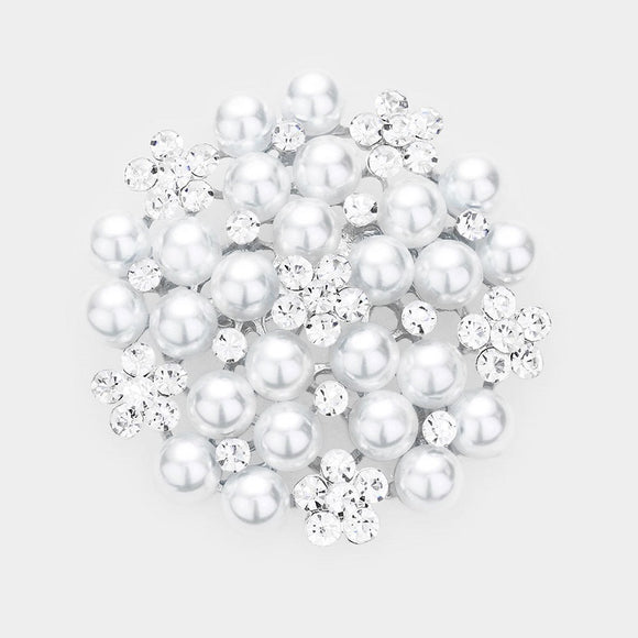 SILVER BROOCH WITH CLEAR RHINESTONES AND WHITE PEARLS ( 06693 WT )