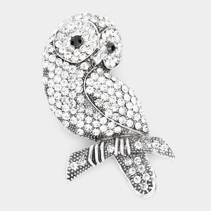 SILVER OWL BROOCH CLEAR STONES ( 06734 SCL )