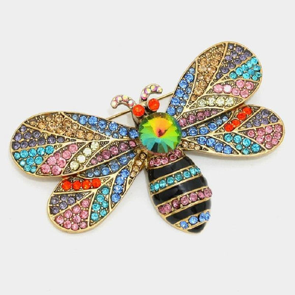GOLD BEE BROOCH WITH MULTI COLOR STONES ( 1136 ) - Ohmyjewelry.com