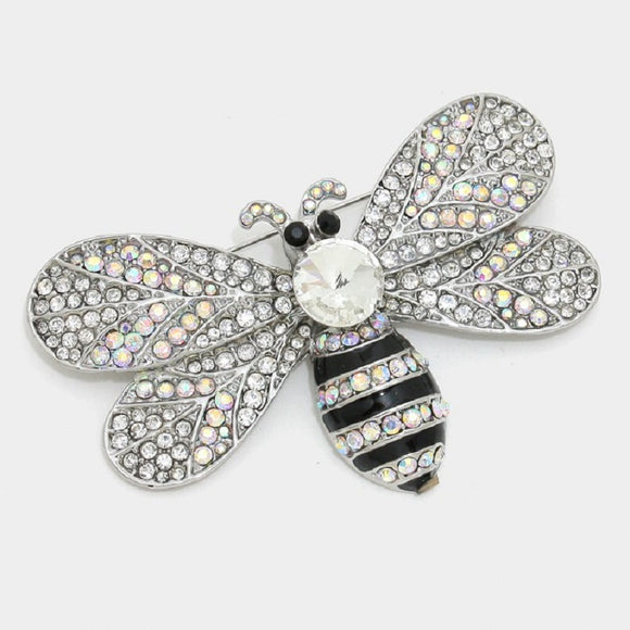 SILVER BEE BROOCH WITH CLEAR AND AB RHINESTONES ( 1136 )