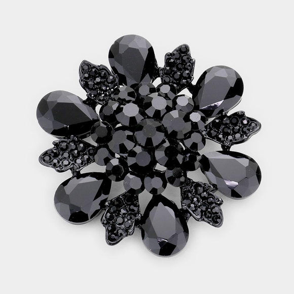BLACK FLOWER BROOCH WITH JET BLACK STONES ( 1189 JTBK ) - Ohmyjewelry.com