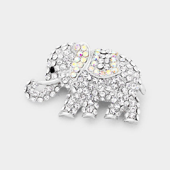 SILVER ELEPHANT BROOCH WITH CLEAR AB STONES ( 1237 )