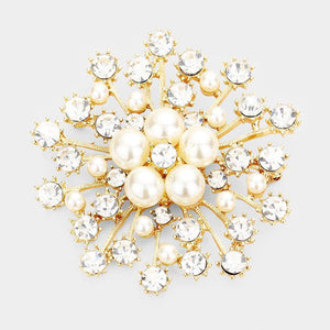 GOLD CLEAR CREAM PEARL FLORAL BROOCH ( 1311 GD ) - Ohmyjewelry.com