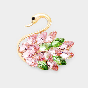 GOLD SWAN BROOCH PINK GREEN STONES ( 1313 GPKGN )