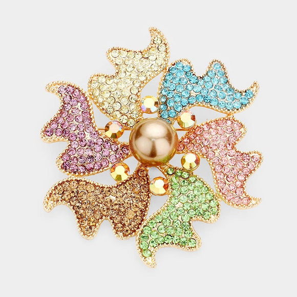 GOLD MULTI COLOR FLOWER BROOCH STONES PEARL ( 1331 GMT )