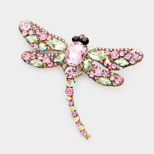 GOLD DRAGONFLY BROOCH WITH PINK AND GREEN RHINESTONES ( 1345 ) - Ohmyjewelry.com