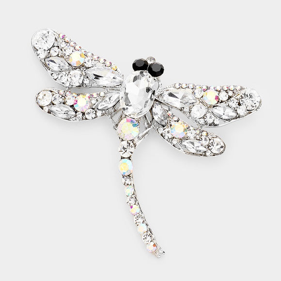 SILVER DRAGONFLY BROOCH WITH CLEAR AND AB RHINESTONES ( 1345 SCL )