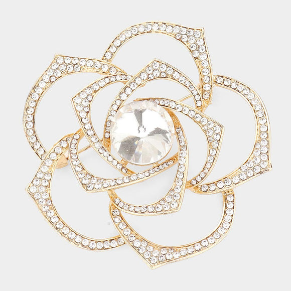 GOLD FLOWER BROOCH CLEAR STONES ( 1417 GCL )