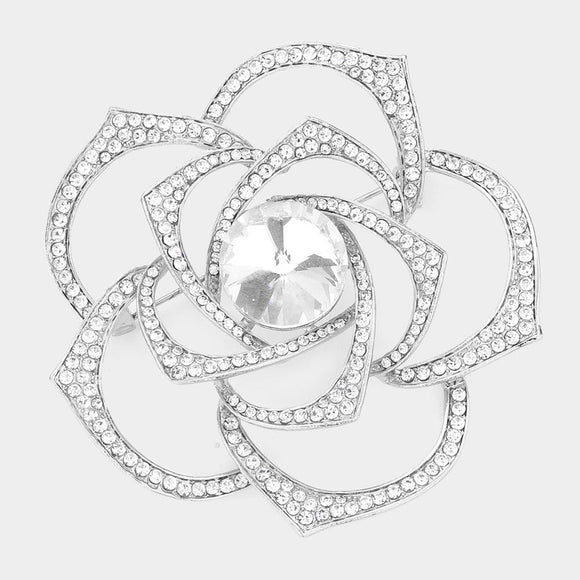 SILVER FLOWER BROOCH CLEAR STONES ( 1417 SCL )