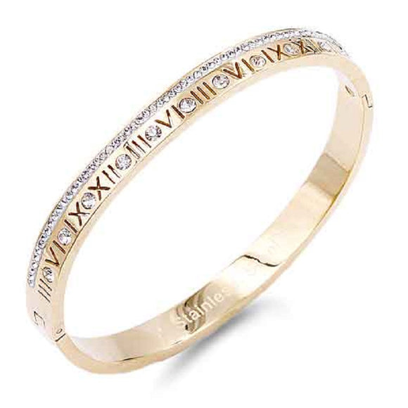 GOLD BANGLE CLEAR STONES ROMAN NUMERALS ( 4068 GD )