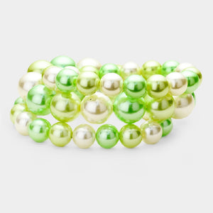 3 Layer Lime Green Mix Pearl Beaded Stretch Bracelet ( 006 )
