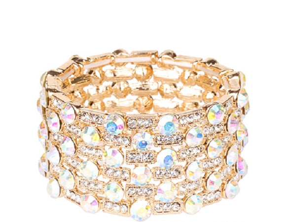 Gold Stretch Bracelet with Clear and AB Rhinestones 1 1/2