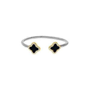 Two Tone Black Clover Cable Wire Cuff Bracelet ( 1022 BK ) - Ohmyjewelry.com