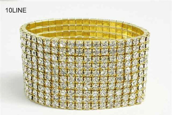10 Line Gold Clear Rhinestone Formal Stretch Bracelet ( 1057 GCL )