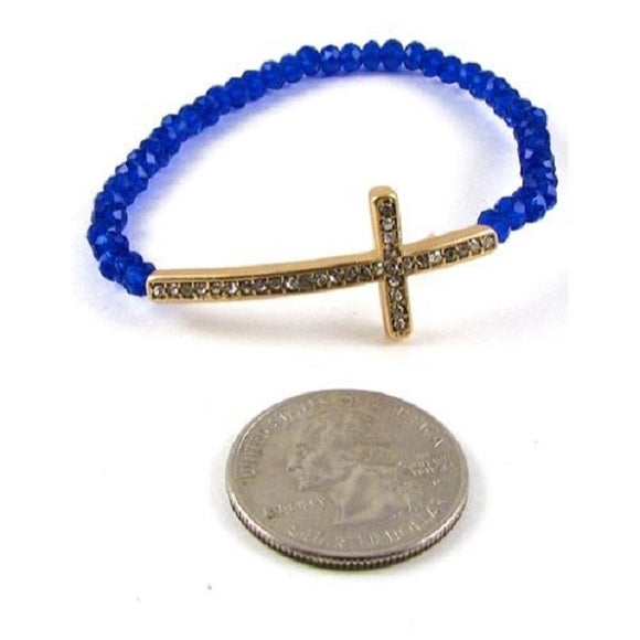 Royal Blue Crystal Beaded Stretch Bracelet with Gold Cross and Clear Rhinestones