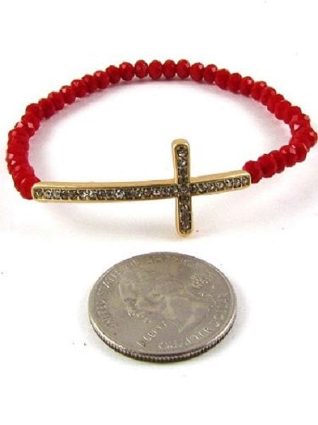 Red Crystal Beaded Stretch Bracelet with Gold Cross and Clear Rhinestones