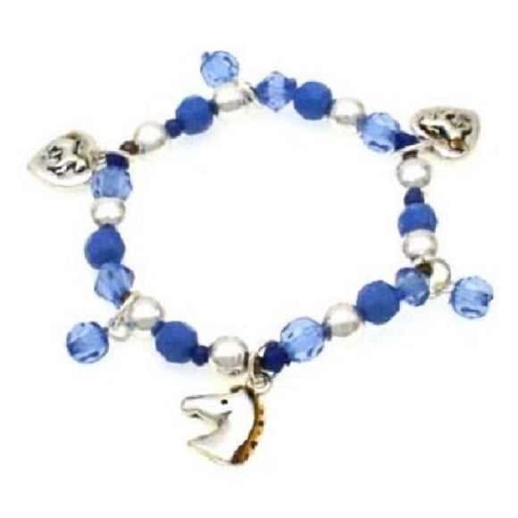 Blue and Silver Beaded Kids Stretch Bracelet with Horse Charms ( 24108 )